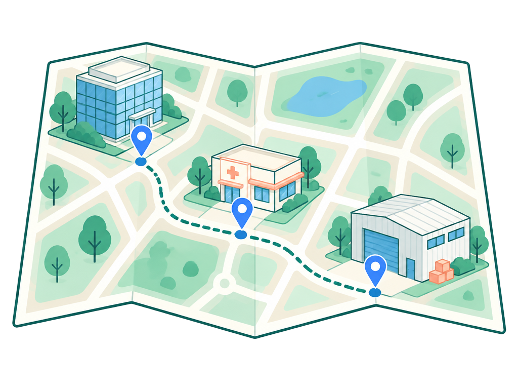 A scouting map connecting an office, clinic, and warehouse