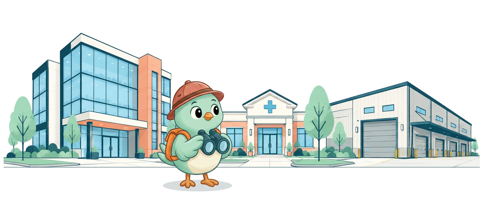 An original CleanScouter bird scout exploring offices, a clinic, and a warehouse